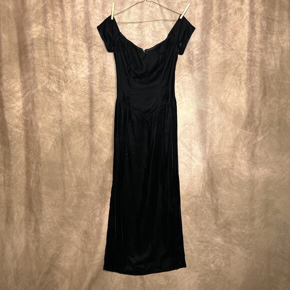 Vintage 90s Black Velvet Sweetheart Neckline Basque Waist Maxi Dress Whimsigoth - Picture 6 of 7